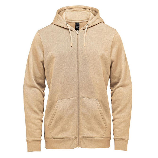 A beige men's fleece full zip hoodie with a hood and front pockets, featuring a logo.