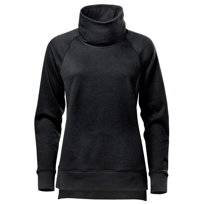 A black women's pullover jumper featuring a cowl neck design and long sleeves, with a subtle logo.