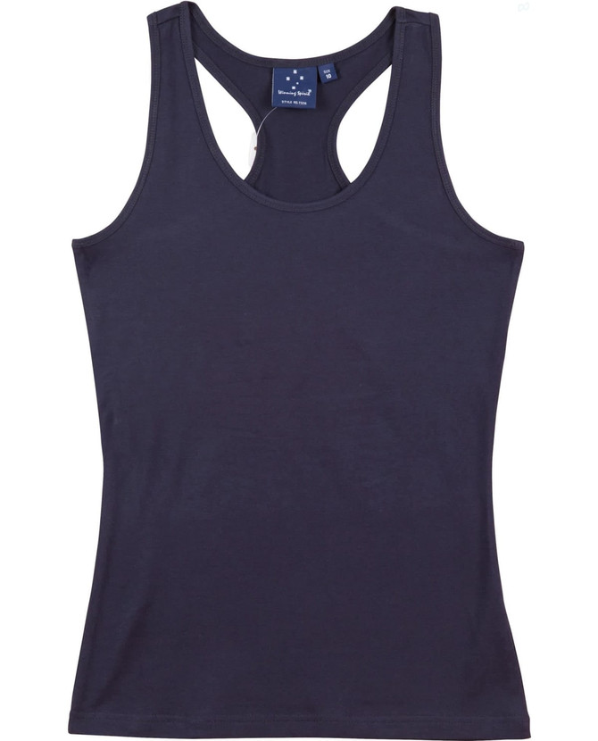 A fitted stretch singlet in navy blue with a racerback design and a small tag inside.