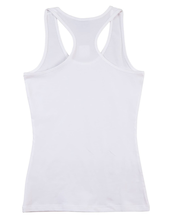 A white ladies' fitted stretch singlet with a racerback design and a logo on the backside.