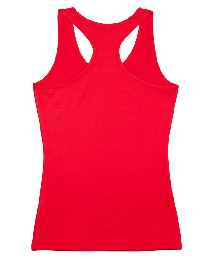 A red ladies' fitted stretch singlet featuring a racerback design. The garment has a sleek, simple look and includes a logo.