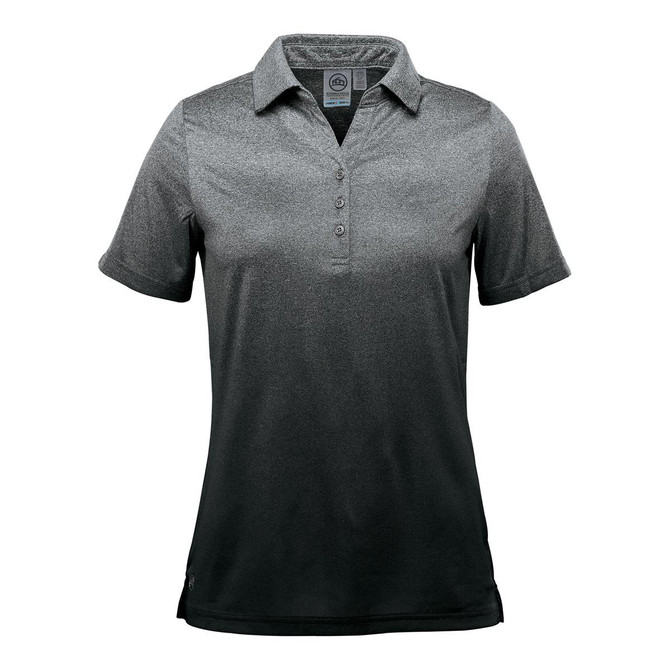 A women's polo shirt in gradient shades of grey, featuring a collar, short sleeves, and a logo.