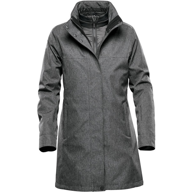 A grey women's jacket with a stylish cut, featuring a high collar and a zipper, includes a logo.