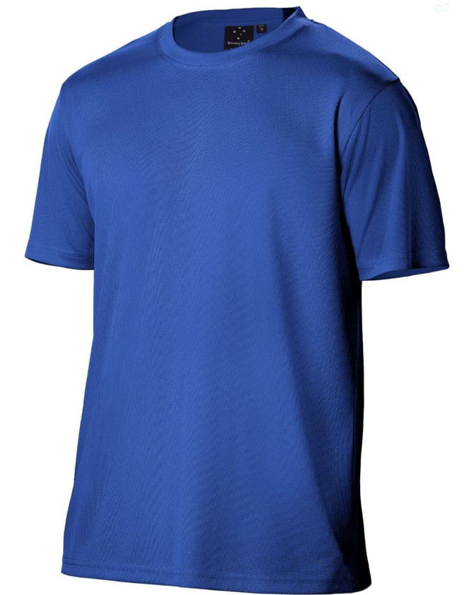 A blue men's short sleeve tee made from cooldry fabric, featuring a logo on the label.