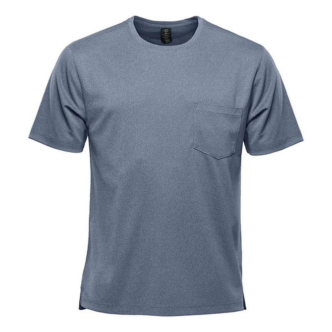 Men's Dockyard Performance Short Sleeve Tee in a blue-grey colour with a chest pocket and a logo.