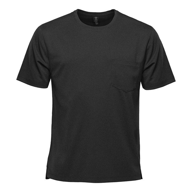 A black short sleeve tee with a front pocket and a logo on the label. Suitable for casual wear.