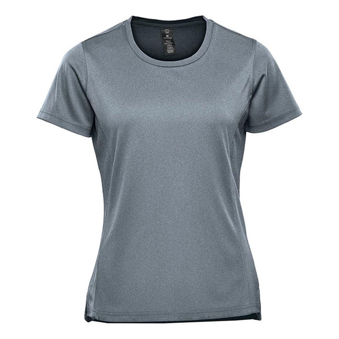 A grey women's short sleeve performance tee with a fitted design and a logo on the front.