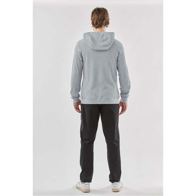 A grey pullover hoody with a hood, featured with a person wearing black pants, viewed from the back.