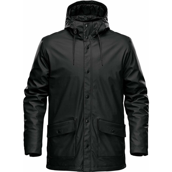 A black insulated rain jacket with a hood, featuring a front zip and button closure, and two front pockets.
