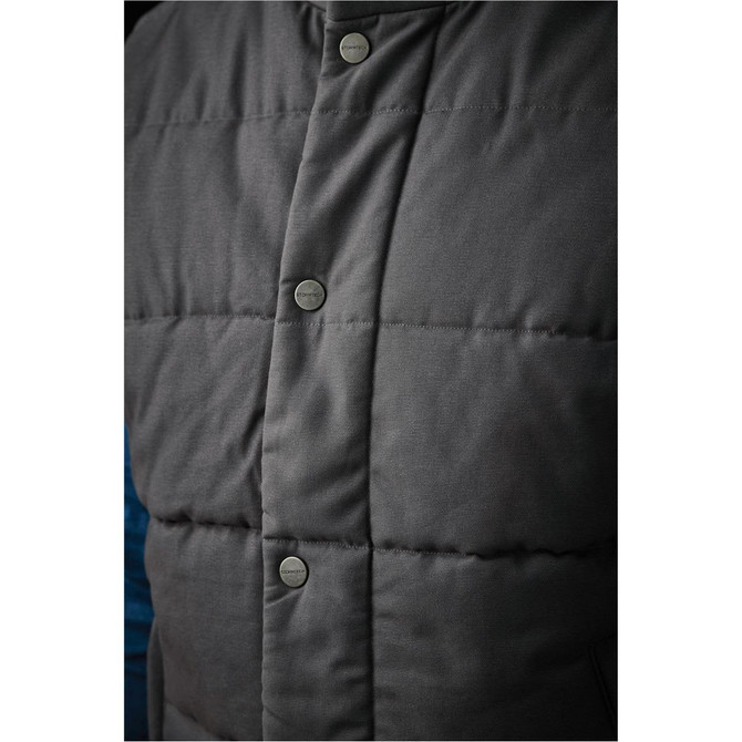 A dark grey thermal vest featuring a padded design and visible buttons, ideal for workwear settings.