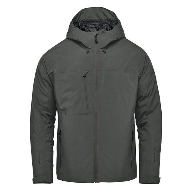 A grey-green thermal shell jacket with a hood, featuring zippered pockets and a logo.