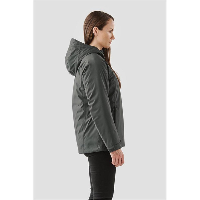 A women's thermal shell jacket in dark grey, featuring a hood and a fitted design, with a branding logo.