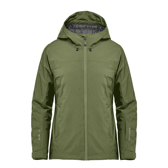 A green thermal shell jacket with a hood and zippers, featuring a logo on the sleeve.