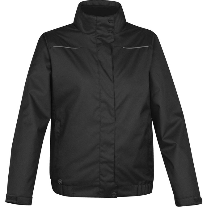 A black women's 3-in-1 polar jacket with a high collar and button details, featuring a logo.