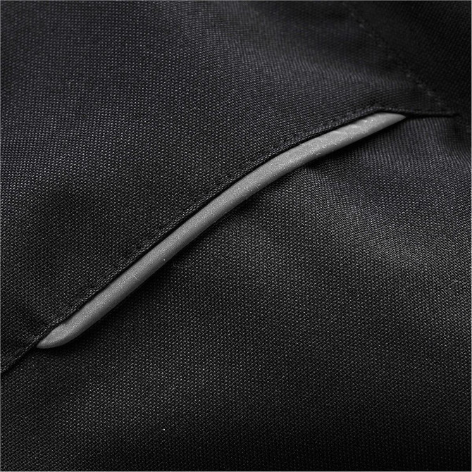 A close-up view of a black fabric featuring a sleek grey trim, highlighting a pocket design.
