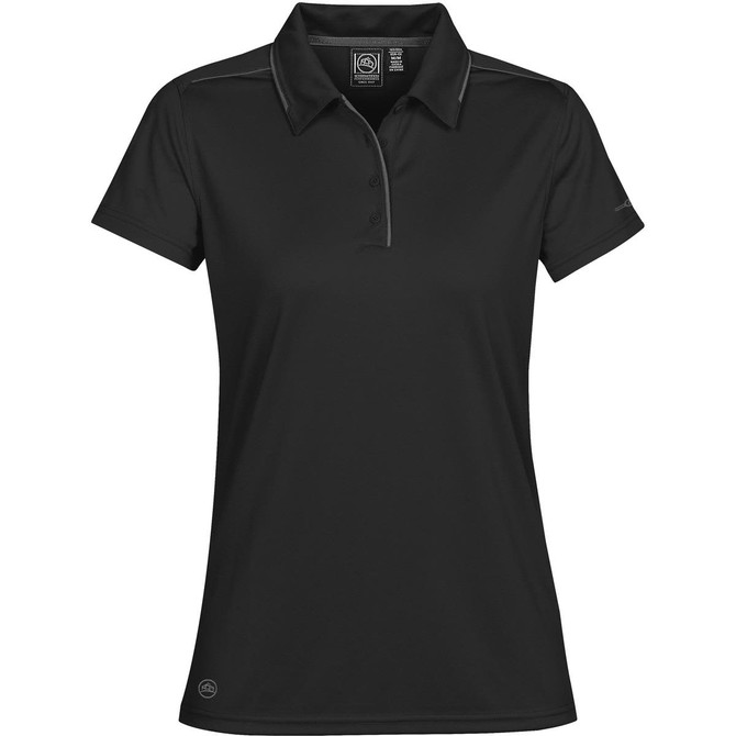 A women's black polo shirt featuring a collar, short sleeves, and a logo on the chest.