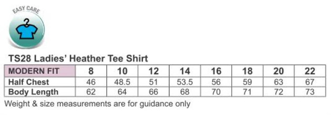 A product detail image featuring a chart for the Ladies' Cool Heather short-sleeve tee in various sizes.
