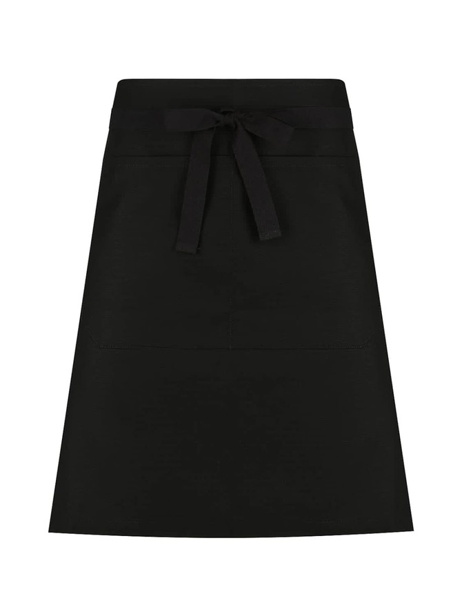 A black waist apron featuring a waistband tie and two front pockets. It has a simple design and includes branding.