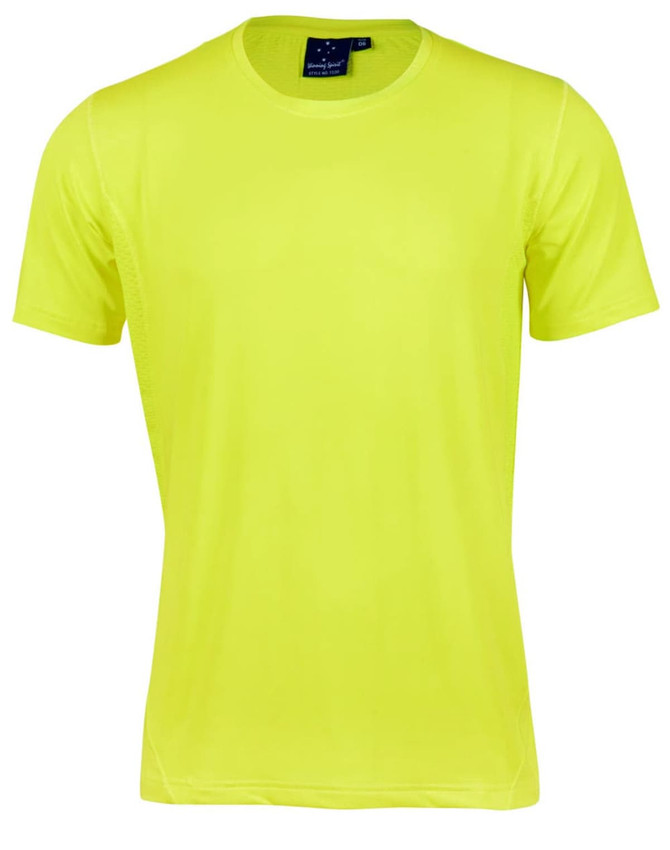 A bright yellow short-sleeved men's T-shirt with a round neck and a logo on the label.