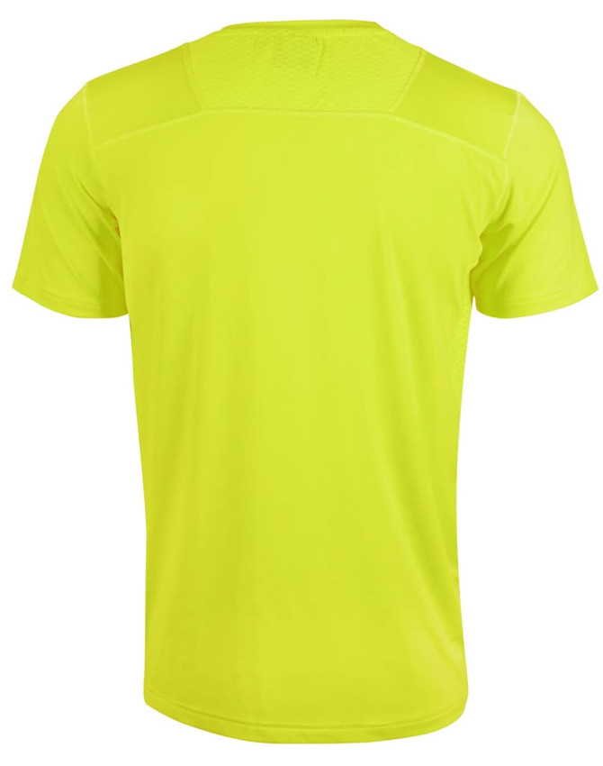 A bright yellow men's Cooldry stretch tee with a smooth back design and a subtle logo.