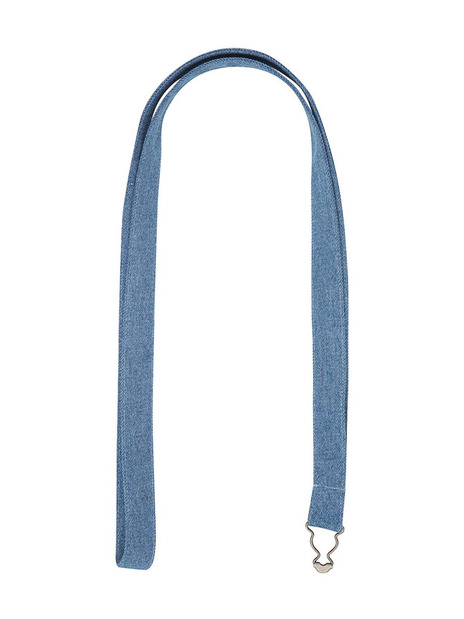 A denim blue strap with a metal clip, designed for attaching to an apron or similar garment.