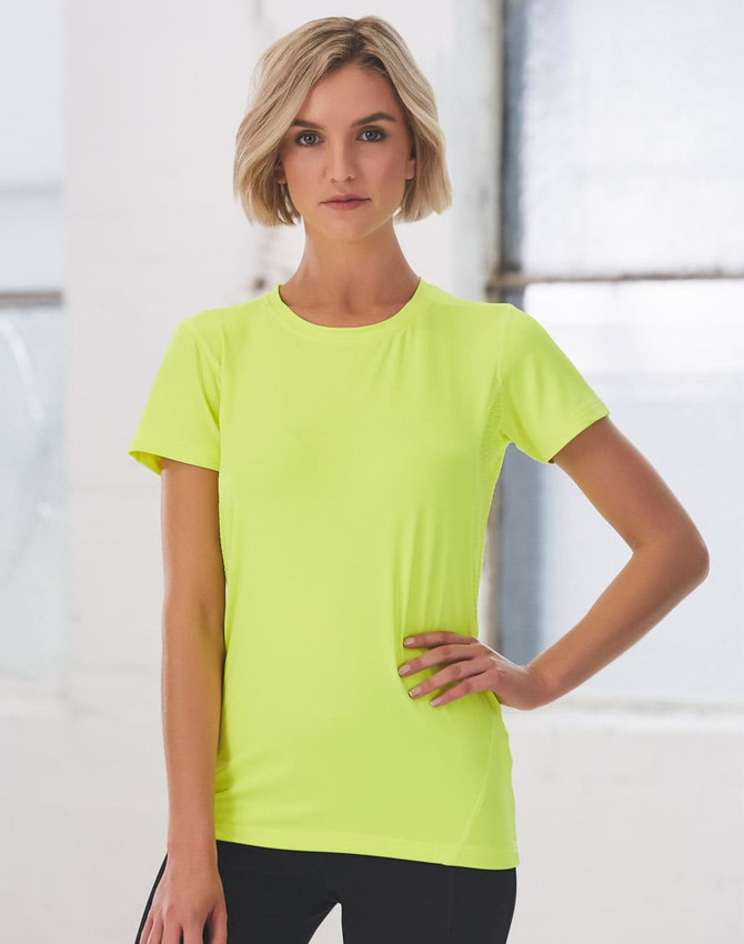 A fitted ladies' t-shirt in bright yellow, featuring short sleeves and a subtle logo.