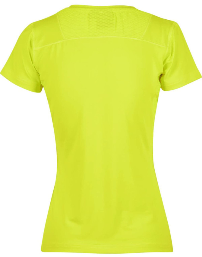 A back view of a ladies' t-shirt in bright yellow, featuring a textured panel at the top and a logo.