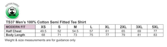 A table displaying size chart for a men's cotton semi-fitted tee, including measurements for various sizes.