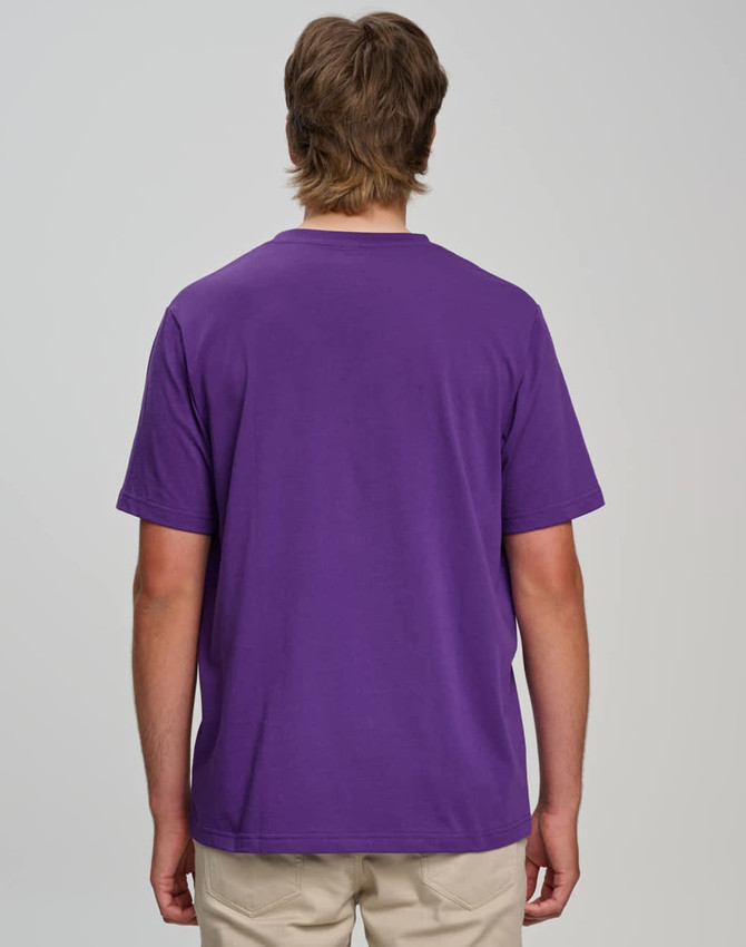 A men's cotton semi-fitted tee in purple, viewed from the back, featuring a simple design and a logo.