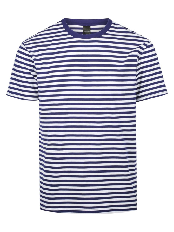 A men's T-shirt featuring horizontal navy and white stripes, with a round neckline and a logo on the label.