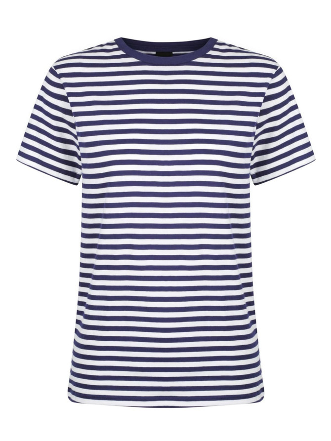 A striped navy and white ladies' t-shirt with a crew neck and short sleeves. It features a simple design and logo.