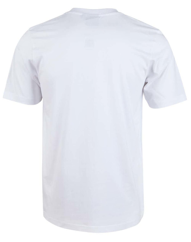 A plain white semi-fitted kid's cotton T-shirt with short sleeves and a logo on the back.