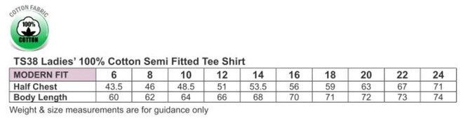 A table displaying size measurements for the Ladies' 100% Cotton Semi Fitted Tee, including half chest and body length.