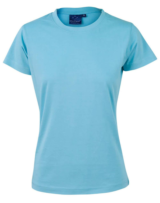 A light blue semi-fitted cotton T-shirt for women with short sleeves and a tag inside. Features a logo.