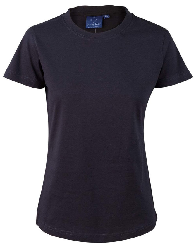 A ladies' semi-fitted tee in navy blue, featuring a round neckline and short sleeves, with a logo on the label.