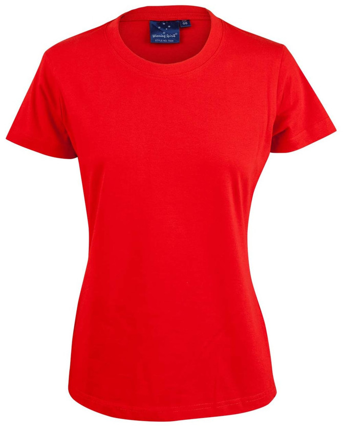 A red ladies' cotton semi-fitted tee with short sleeves and a round neckline. It features a logo.