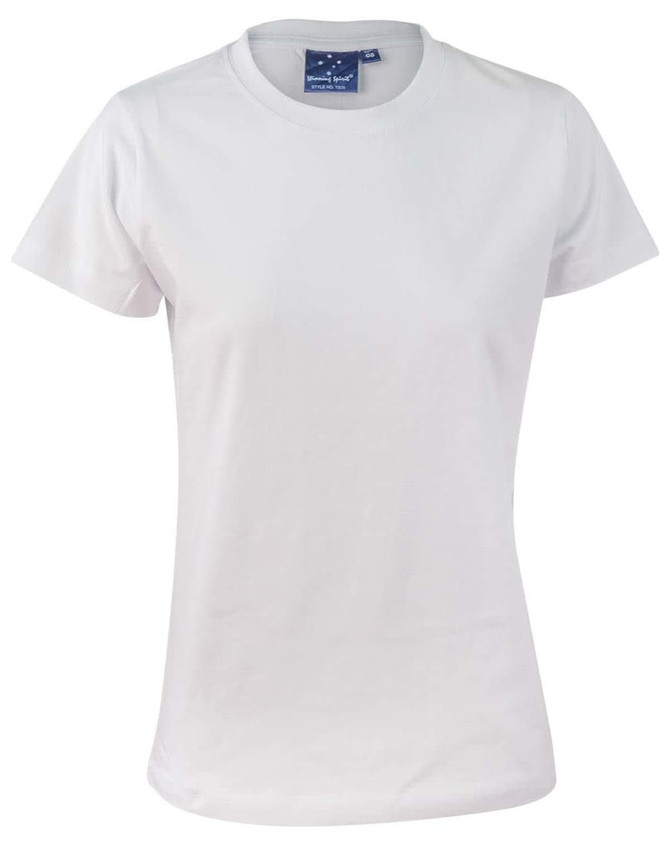 A white ladies' cotton semi-fitted tee, featuring a crew neck and short sleeves. It has a logo on the label.