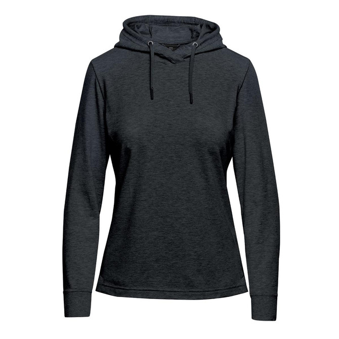 A dark grey women's pullover hoody with a front pocket and drawstring hood. Features a logo.