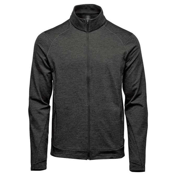 A dark grey performance jacket with a high collar and zip closure, featuring a logo on the front.