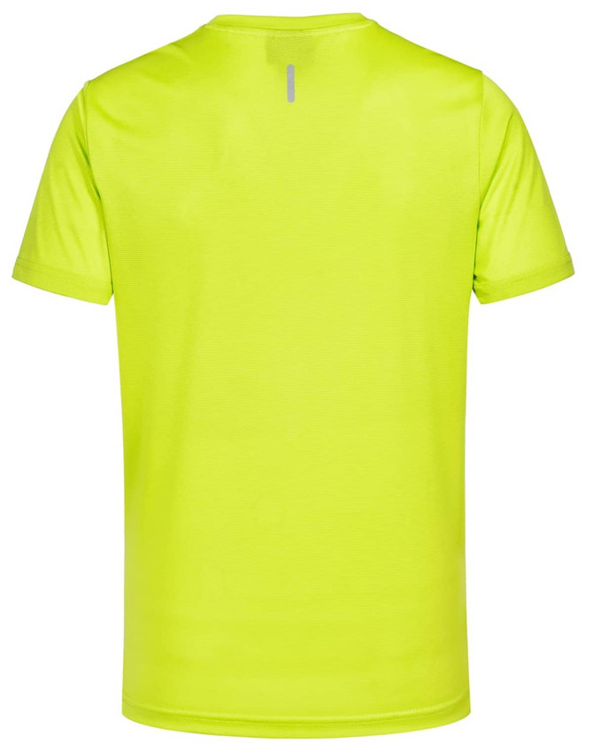 A vibrant yellow men's lightweight performance short-sleeve tee, featuring a logo and a reflective detail on the back.
