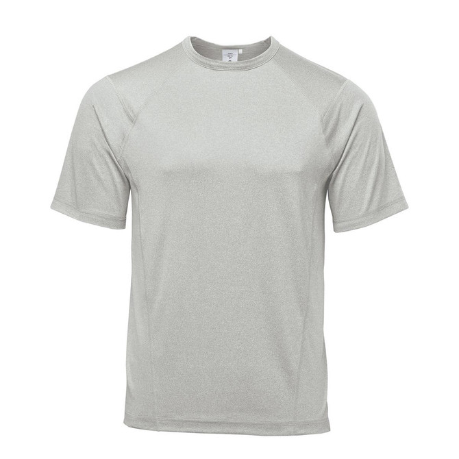 A grey, short-sleeved men's T-shirt with a subtle sheen and a logo on the upper area.