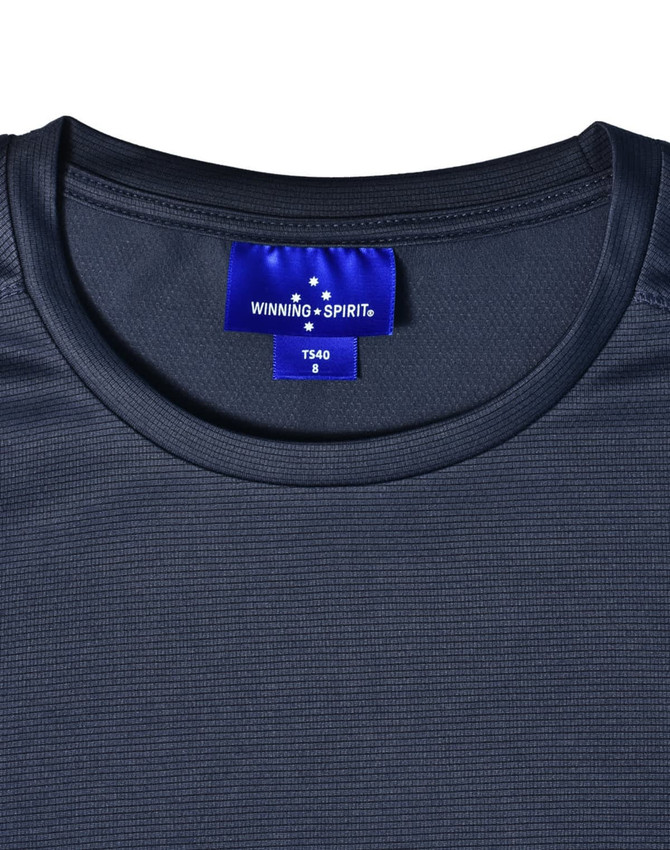A navy blue ultra lightweight performance T-shirt with a tag featuring a logo.