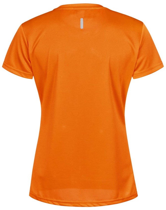 An orange lightweight short-sleeve women's performance t-shirt featuring a small reflective logo on the back.