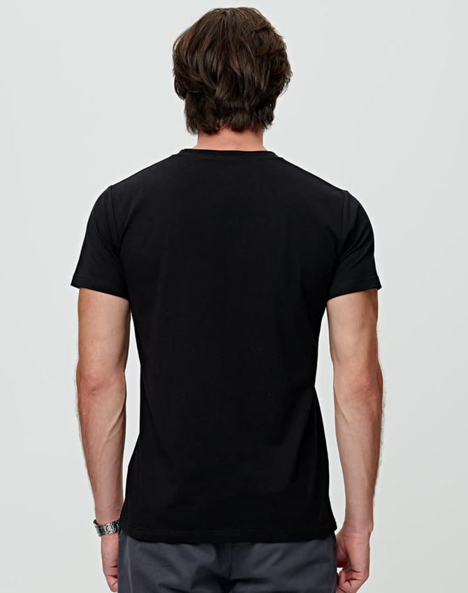 A black premium cotton t-shirt featuring a simple design and short sleeves, with a logo on the back.