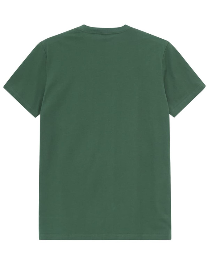 A green premium cotton men's t-shirt, featuring a plain back design and a subtle branding logo.