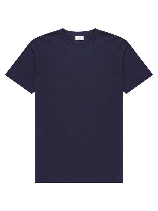 A navy blue men's t-shirt featuring a round neckline and short sleeves, with a small logo on the label.