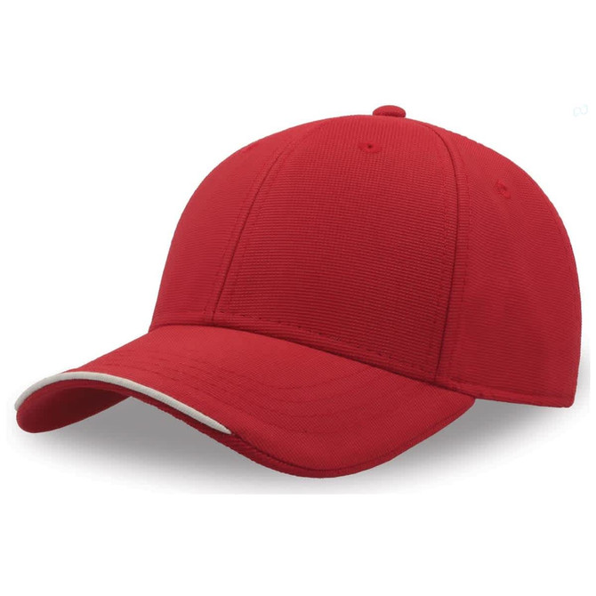 A red cap made from recycled polyester, featuring a simple design and a logo on the front.