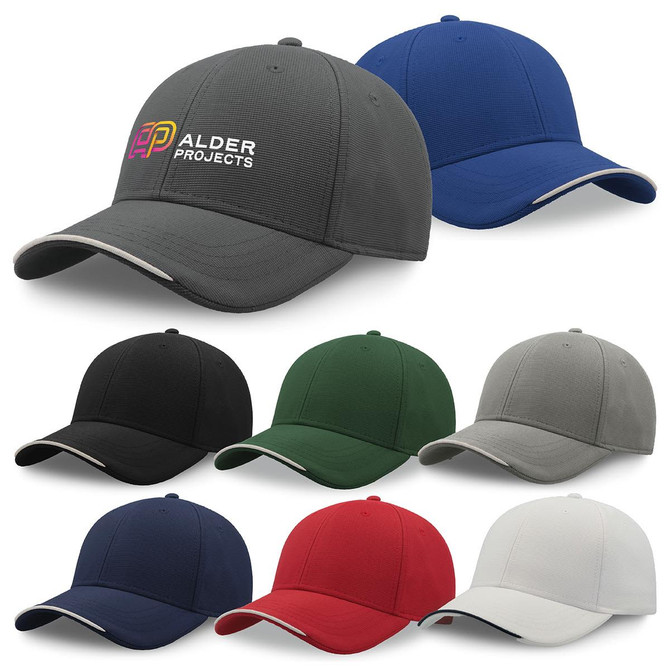 A set of eight caps in various colours, including grey, blue, green, black, navy, red, and white, featuring a logo.