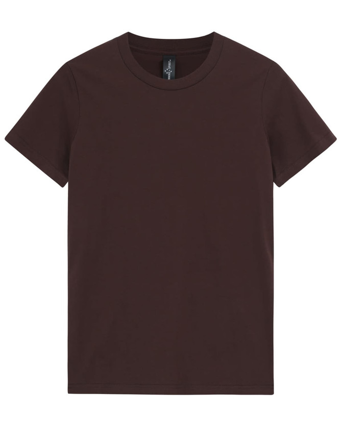 A maroon premium cotton t-shirt with a round neckline and short sleeves, featuring a logo.