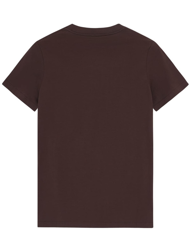 A brown premium cotton tee with a classic crew neck and short sleeves. Features a logo on the back.